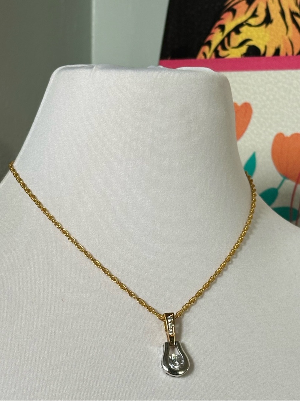 Dual Tone Gold Plate Rhinestone Bling Pendant Necklace Old Money Y2K McBling